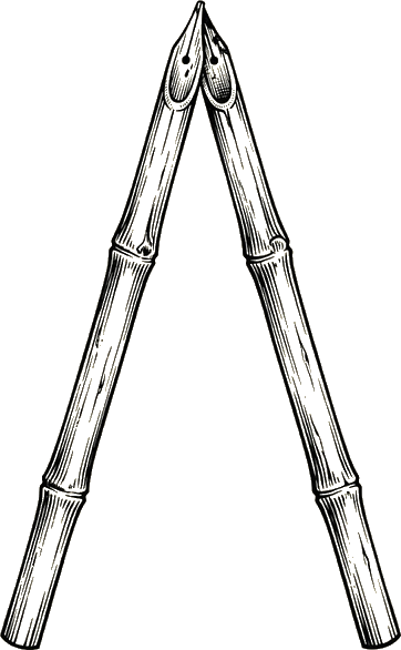 Apographic emblem — two kalamos reed pens